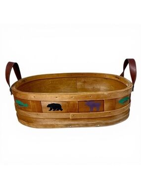 Vintage Rustic Wood Gathering Basket Trug Leather Handle Bear Fish Cabin 15x9x4